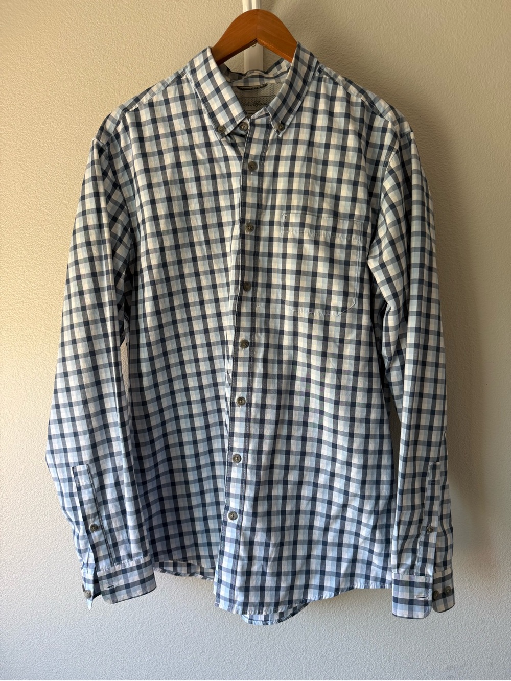 Eddie Bauer Men's Blue and White Plaid Button-Down Shirt